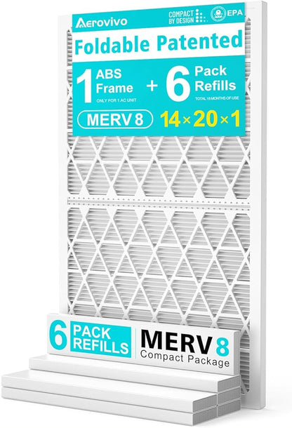 14x20x1 Refillable Air Filter Kit, MERV 8, 1 Reusable Foldable Frame ＆ 6 Refills, Fits Most AC HVAC Furnace Devices, Actual Size 13.75x19.75x0.75in