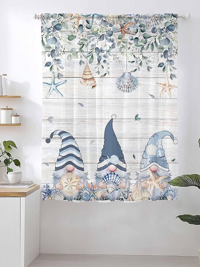Sheer Curtains 63 Inch Length, Coastal Eucalyptus Leaf Semi Sheer Curtains Light Filtering Window Treatment, Ocean Blue Gnomes Starfish Wood Grain Privacy Voile Drapes for Living Room 52x63 Inch