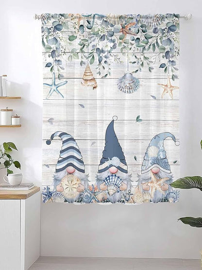 Sheer Curtains 63 Inch Length, Coastal Eucalyptus Leaf Semi Sheer Curtains Light Filtering Window Treatment, Ocean Blue Gnomes Starfish Wood Grain Privacy Voile Drapes for Living Room 52x63 Inch