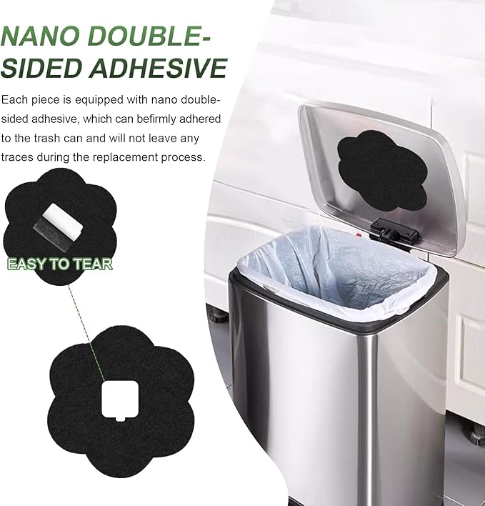 ENLOY 7.2 Inch Universal Trash Can Charcoal Filters Replacements, 12-Pack Flower Shape Stick-on Activated Charcoal, Absorbing Filters Purifying Deodorizer for Compost Bin Pail, Trash Cans, Recycle Bin