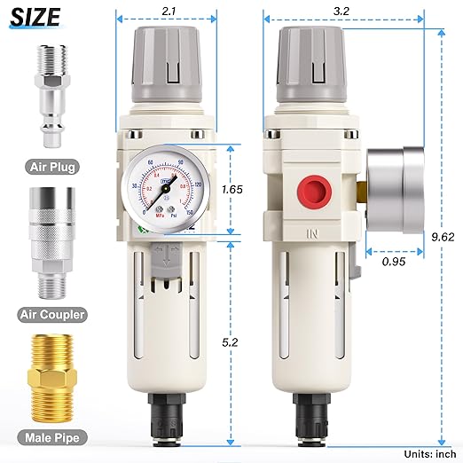 TAILONZ PNEUMATIC 3/8 Inch NPT Automatic Drain Air Filter Pressure Regulator Combo Piggyback, Air Tool Compressor Filter with Gauge AW3000-03D