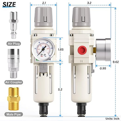 TAILONZ PNEUMATIC 3/8 Inch NPT Automatic Drain Air Filter Pressure Regulator Combo Piggyback, Air Tool Compressor Filter with Gauge AW3000-03D