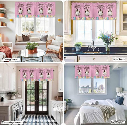 Pink Easter Curtain Valances for Windows, Kitchen Valance Window Treatment, Easter Bunny Eggs Spring Cartoon Farmhouse Wood Grain Light Filter Block Curtains for Bathroom/Bedroom/Living Room 60''x18''