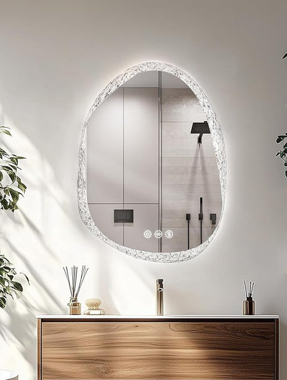 LUVODI Lighted LED Bathroom Mirror: 36”x28”Irregular Stone Pattern Frosted Wall Vanity Mirror with Bright Back Lit - Modern Dimmable Smart Mirror Anti Fog with Touch Switch Sensor for Restroom Bedroom