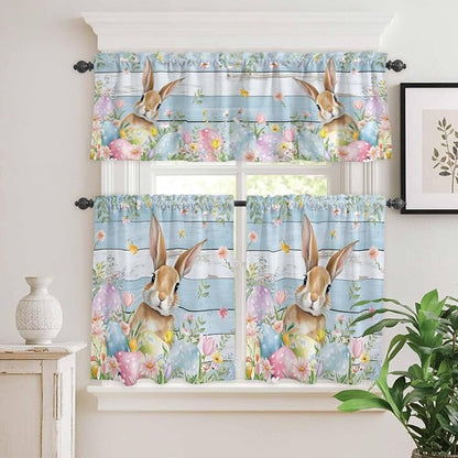 Kitchen Curtains Tiers and Valance Set of 3, Easter Light Filtering Window Curtain Set, Farmhouse Spring Rabbit Eggs Flowers Wooden Board Rod Pocket Curtain Drapes for Living Room, 24 Inches Tiers