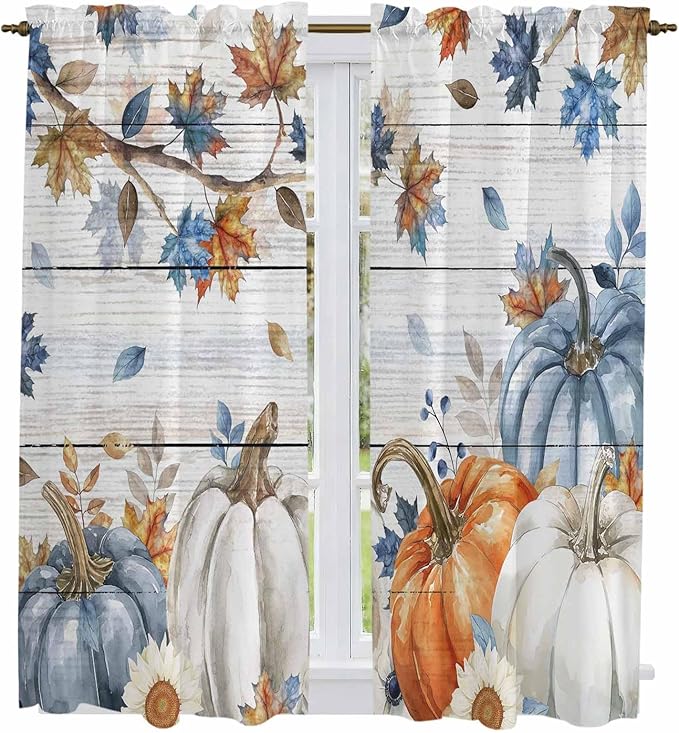 Thanksgiving Pumpkin Window Curtains 63 Inch Long 2 Panel Set, Rod Pocket Bedroom Curtains & Drapes, Fall Maple Leaf Daisy Wooden Grain Light Filtering Window Treatment for Living Room 42"W x 63"L