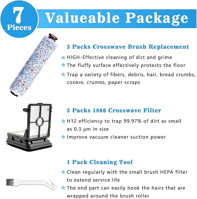 Replacement Brush Roller and Filters for Bissell CrossWave Vacuum, 1868 Pet Pro Brush Roll Parts 1785,1785A 17852, 17858, 17859, 1785P, 1785R, 1785T, 1785V, 1785W, 2210V 2211W 1785N 2306 LUXRILIX
