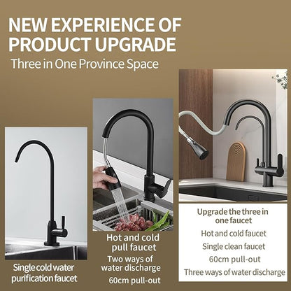 Kitchen Sink Faucet with Pull - Down Sprayer, 2 - Handle 3 - in - 1 Kitchen Sink Filter Faucet, Cold and Hot Mixer Drinking Water Faucet (3-in-1 Filter Faucet, Black)