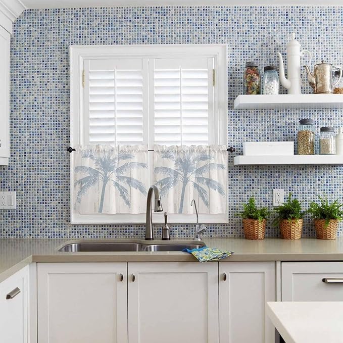 Summer Coconut Tree on Vintage Wood Grain Window Valance Curtains, Seaside Plants Light Filtering Kitchen Valance with 3-inch Rod Pocket for Living Room Bathroom Bedroom,2 Panel,27.5x24In