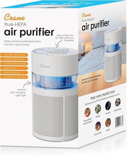 Crane True HEPA Air Purifier with Ambient Night Light and Aroma Tray, Covers Up to 200 sq ft, Quiet Air Cleaner for Bedroom, Nursery, Dorm, or Office, Removes Dust, Pollen, Smoke, and Pet Dander