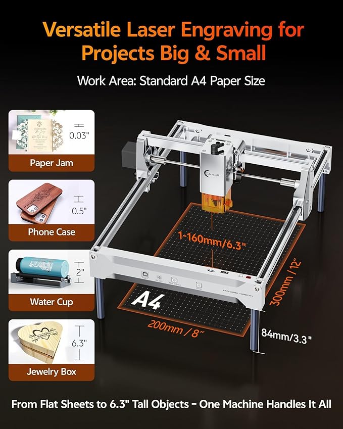 Laser Engraver 12W Laser Engraving Machine for Wood Metal Acrylic Glass Stone, DIY CNC Portable Laser Cutter 7.9" x 11.8" (Near A4) Offline Engraving Carverall K15 Pro Silvery, 12000mW, Class 1