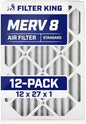 Filter King 12x27x1 Air Filter | 12-PACK | MERV 8 HVAC Pleated A/C Furnace Filters | MADE IN USA | Actual Size: 11.5 x 26.5 x .75"