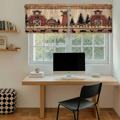 Brown Farmhouse Tier Curtains, Vintage Country Animals Wooden Grain Light Filtering Kitchen Curtains, 2Pcs Rod Pocket Half Window Treatments Panels for Sink Cafe Cabinet Camper 27.5x24 Inches