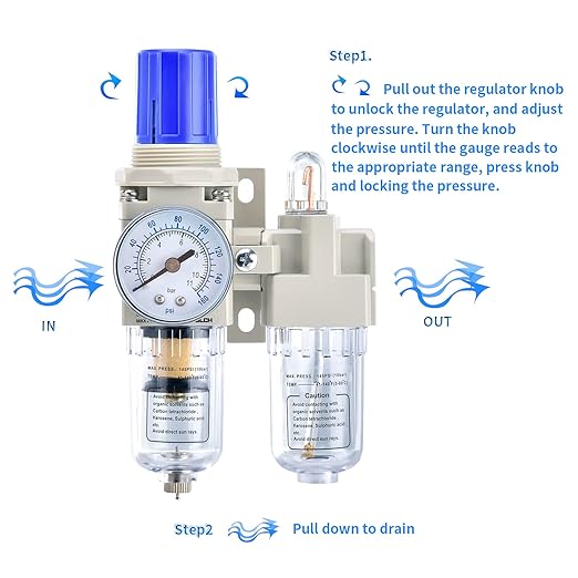 BLCH 1/4" NPT Air Compressor Water Separator - Air Pressure Regulator Compressed Air Filter Regulator Lubricator Combo AC2010-02 Manual Drain Poly Bowl Gauge 0-160 PSI 5μm Brass