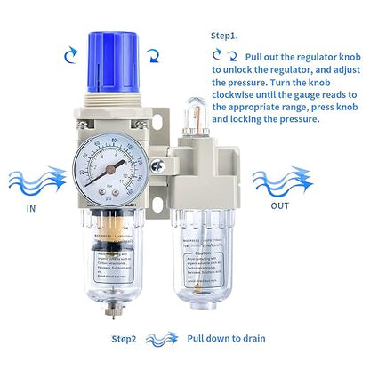 BLCH 1/4" NPT Air Compressor Water Separator - Air Pressure Regulator Compressed Air Filter Regulator Lubricator Combo AC2010-02 Manual Drain Poly Bowl Gauge 0-160 PSI 5μm Brass