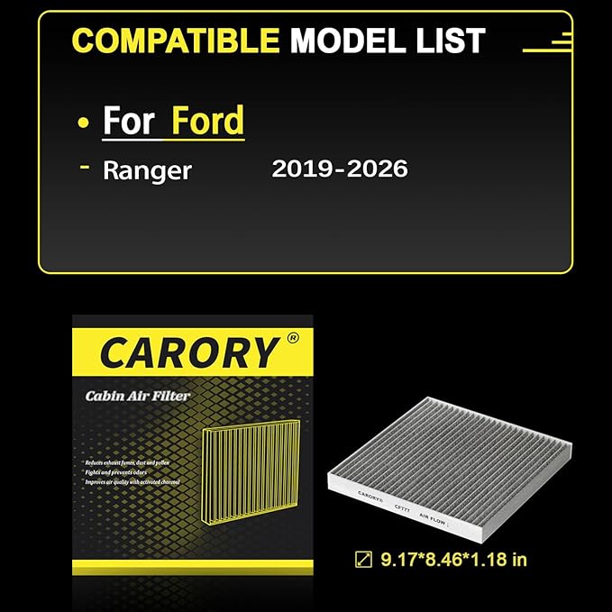 Cabin Air Filter w/Activated Carbon for Ford Ranger 2019 2020 2021 2022 2023 2024 2025 2026, KB3Z19N619A, CF12776, FP-88