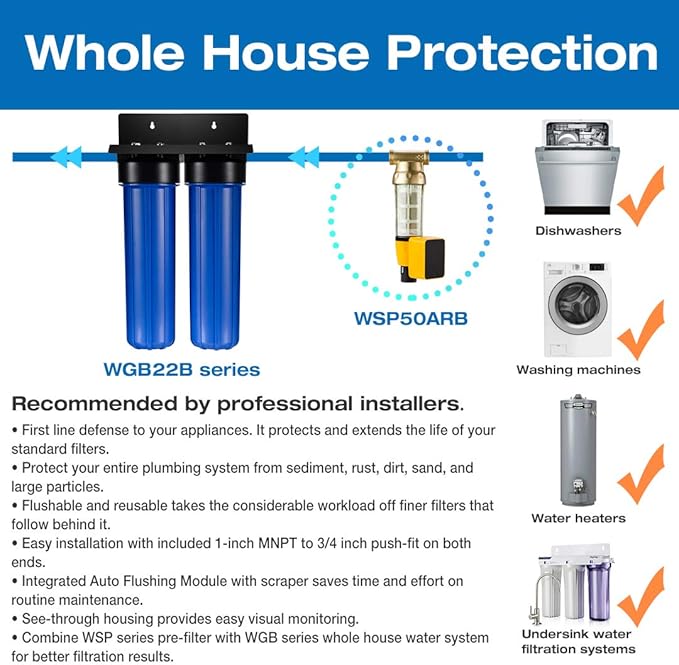 iSpring WGB22BM+AHPF12MNPT16X2 2-Stage Whole House Water Filtration System with 20” x 4.5” Carbon Block and Iron & Manganese Reducing Filters and 3/4" Push-fit Stainless Steel Hose Connectors, Blue