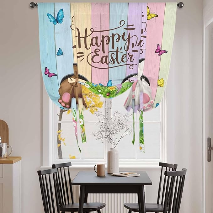 Tie Up Curtains,Happy Easter Rabbit Butt Egg on Daisy Leaf Adjustable Rod Pocket Window Shade Curtain Drape Bufferfly on Wood Barn Tie-Up Valance for Kitchen Bedroom Living Room Windows,52"x45"
