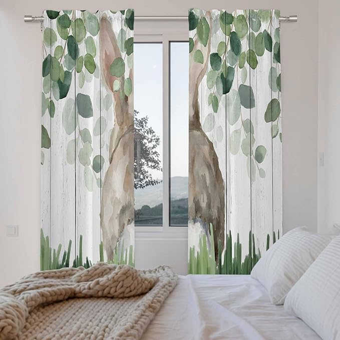 Easter Kitchen Curtains, Country Rabbit Botanical Leaves Wooden Grain Light Filtering Window Curtain Panels, 2Pcs Rod Pocket Window Treatments Set for Living Room Bathroom Bedroom 52x72 Inches