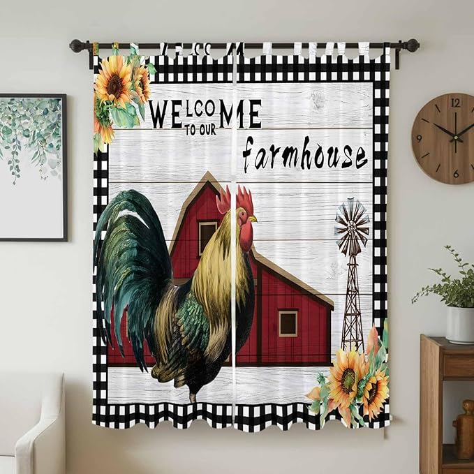 Farmhouse Rooster Living Room Curtains 96 Inch Length, Window Curtains Tab Top, Rustic Red Barn Windmill Sunflowers Light Filtering Window Treatments Drapes 52"x96" 2 Panel