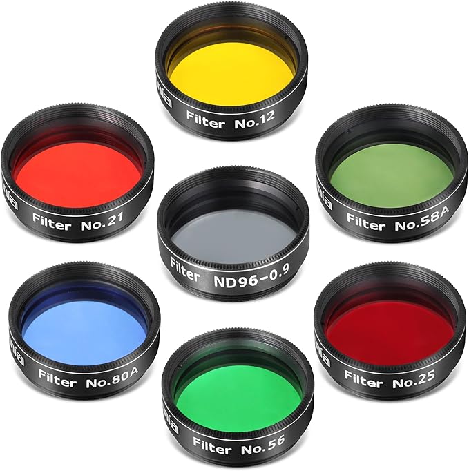 Astromania Telescope Filter Set for 1.25 Inch Eyepiece&Astronomical Telescopes, 7 Pcs Telescope Accessories Color Filter Kit Include Red Yellow Green Blue Moon Filters for Planetary Lunar Observation