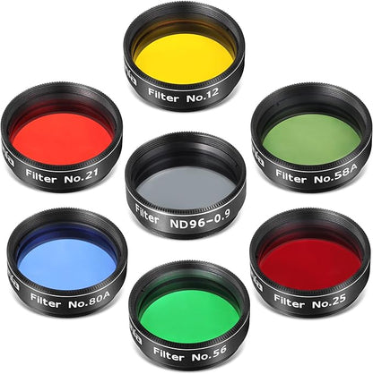 Astromania Telescope Filter Set for 1.25 Inch Eyepiece&Astronomical Telescopes, 7 Pcs Telescope Accessories Color Filter Kit Include Red Yellow Green Blue Moon Filters for Planetary Lunar Observation
