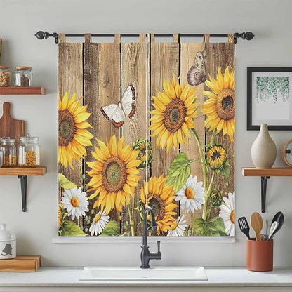 Farmhouse Sunflowers Bedroom Curtains 72 Inch Length, Window Curtains Tab Top, Rustic Floral Buttterfly Wood Board Brown Light Filtering Window Treatments Drapes 52"x72" 2 Panel