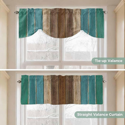 Teal Blue Brown Tie Up Valance Curtains for Windows, Kitchen Curtains Window Shades, Farmhouse Retro Wooden Grain Stripes Light Filtering Roman Curtain Valances for Bedroom/Bathroom/Cafe 60"x18"