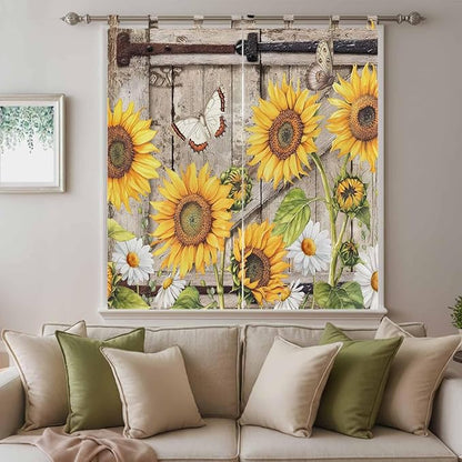 Farmhouse Sunflowers Bathroom Curtains 63 Inch Length, Window Curtains Tab Top, Rustic Barn Doors Flowers Butterfly Wooden Light Filtering Window Treatments Drapes 52"x63" 2 Panel
