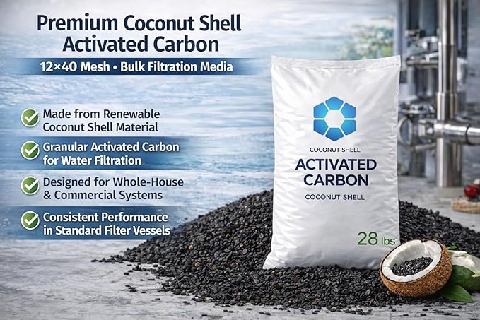 Coconut Shell Activated Carbon 12×40 Mesh – 1 Cubic Feet Total (1 Pack) Bulk Filtration Media for Whole House & Commercial Water Systems