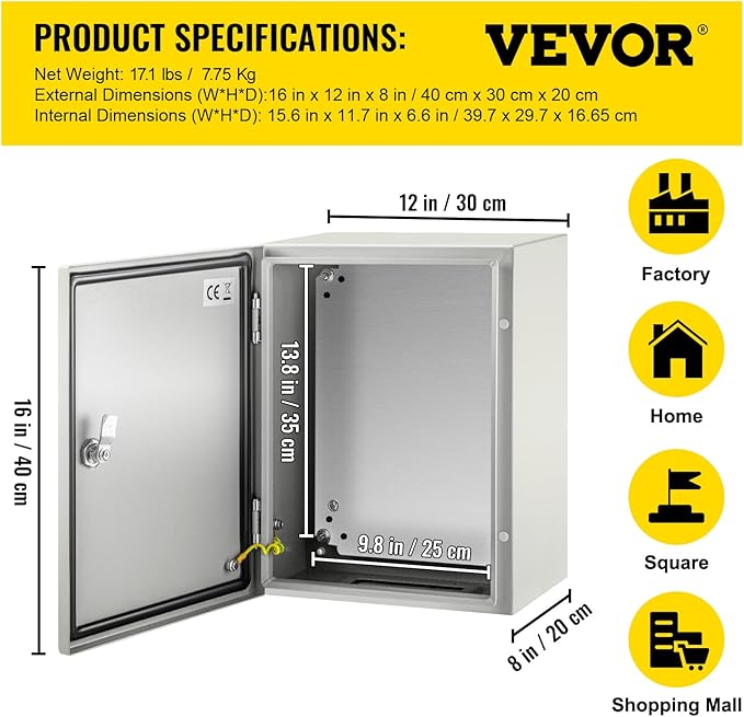 VEVOR NEMA Steel Enclosure, 16 x 12 x 8'' NEMA 4X Steel Electrical Box, IP66 Waterproof & Dustproof, Outdoor/Indoor Electrical Junction Box, with Mounting Plate