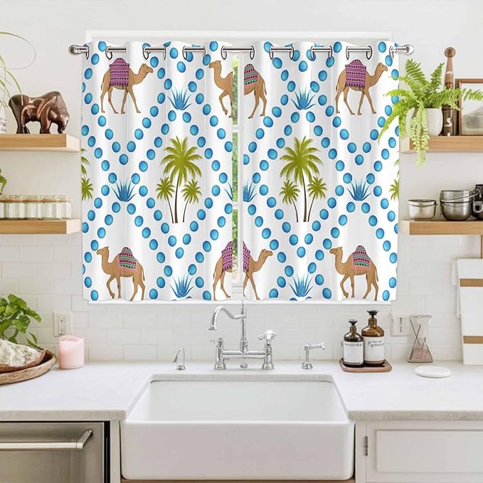 2 Panel Kitchen Cafe Curtains, Camels Palm Trees Sunlight Filtering Nature Air Through, Home Decor Window Covering Tier Curtains for Living Room 104W x 63L inch Tropical Desert Animal Plants Polka Dot