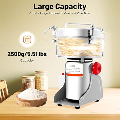 Electric Grain Mill, 2500g Capacity High-speed Grain Mill Grinder, Food-grade Stainless Steel Cereals Corn Flour Pulverizer Powder Machine for Dry Spice Herbs Grains Coffee Rice Pepper