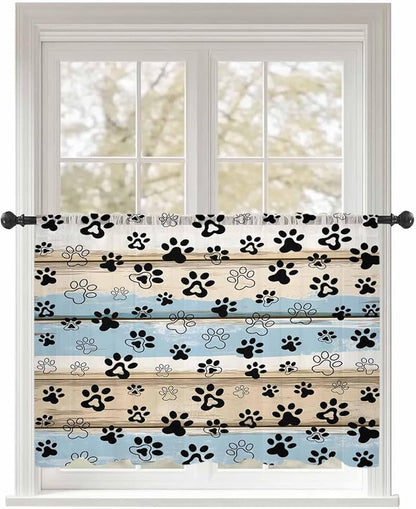 Sheer Curtains 54 Inch Length, Blue Dog Paw Print Semi Sheer Curtains Light Filtering Window Treatment, Vintage Farmhouse Rustic Wooden Grain Privacy Voile Drapes for Living Room Bedroom 52x54 Inch