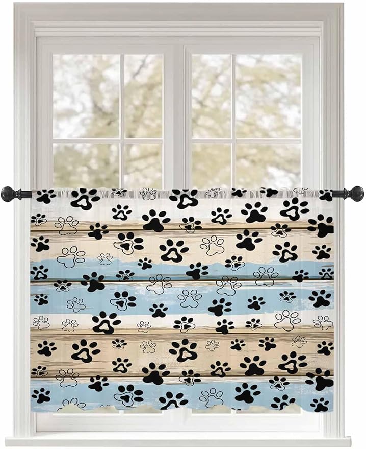 Sheer Curtains 45 Inch Length, Blue Dog Paw Print Semi Sheer Curtains Light Filtering Window Treatment, Vintage Farmhouse Rustic Wooden Grain Privacy Voile Drapes for Living Room Bedroom 52x45 Inch