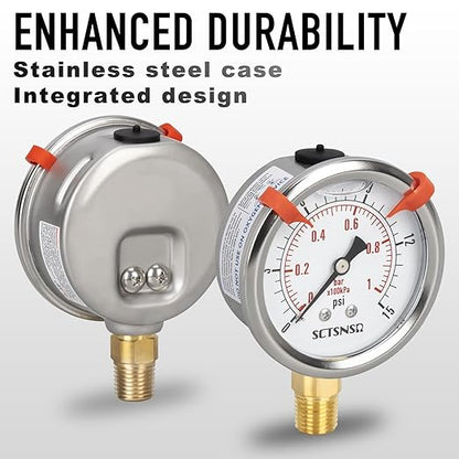 0 to 15 Psi Pressure Gauge, Glycerin Liquid Filled, 2.5 inch Dial, 1/4" NPT Lower Mount, Stainless Steel Case, for ATV Tire, HVAC Pipe, Well Tank, Fuel, Coolant, Nitrogen, Low Pressure Test