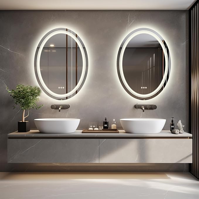 LUVODI Lighted LED Bathroom Mirror: 28”x20” Oval Wall Mounted Makeup Mirror with Backlit and Front Light - Modern Dimmable Smart Mirror Anti Fog with Touch Switch Sensor for Restroom Bedroom