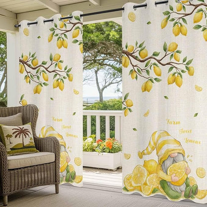 Summer Outdoor Curtains for Patio Lemon Gnome Leaf Linen Texture Waterproof Outside Curtains with Grommet Top Weatherproof Curtain for Cabana Pergola Gazebo, 2 Pack, 54" W x 84" L
