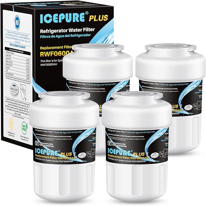 ICEPURE PLUS NSF53&42 Premium RWF0600AH Replacement for GE MFW, MWFP, 197D6321P006, WFC1201, MWFA, PC75009, HDX FMG-1, GSE25GSHECSS, 46-9996, GSH25JSDDSS, PSHS6PGZBESS Refrigerator Water Filter 4PACK