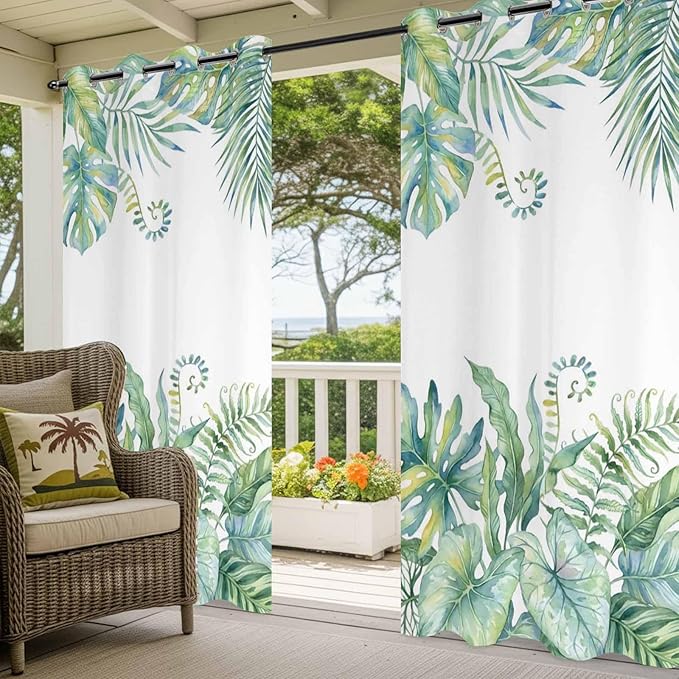 Leaves Outdoor Curtains for Patio Green Leaf Tropical Plants Farmhouse Pastoral Waterproof Outside Curtains with Grommet Top Weatherproof Curtain for Cabana Pergola Gazebo, 1 Panel, 54" W x 108" L
