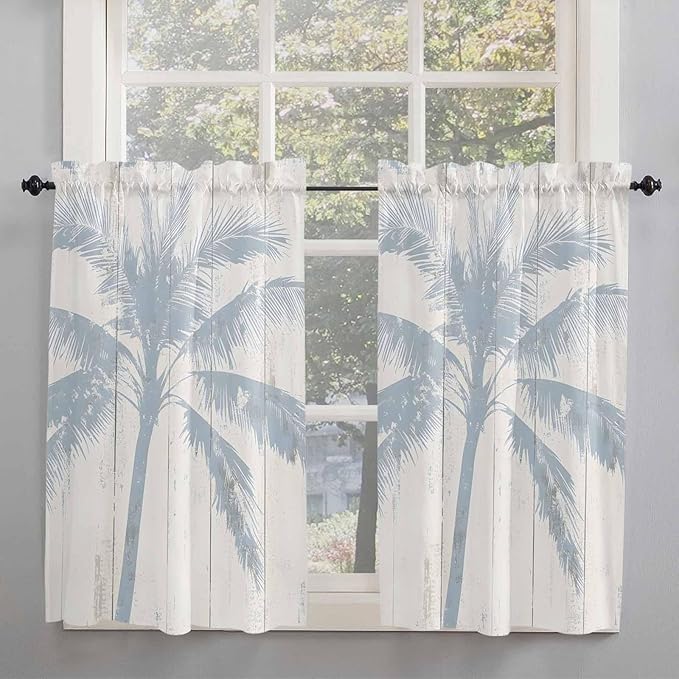 Summer Coconut Tree on Vintage Wood Grain Window Valance Curtains, Seaside Plants Light Filtering Kitchen Valance with 3-inch Rod Pocket for Living Room Bathroom Bedroom,2 Panel,52x54In