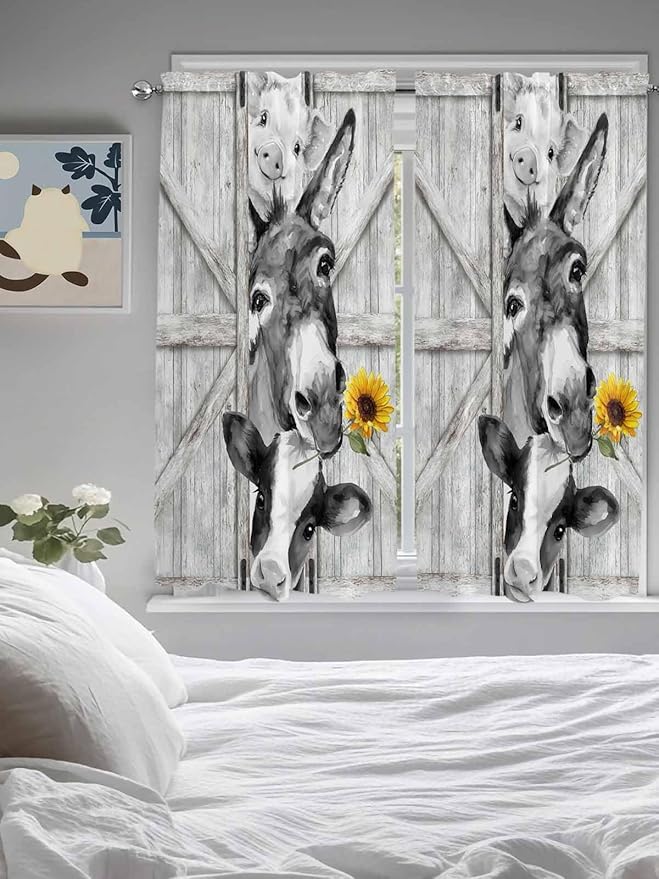 Grey Farmhouse Bedroom Curtains 63 Inches Length, Vintage Sunflowers Animals Printed Window Treatment Curtain Drapes, Rod Pocket Curtain Panels for Living Room Kitchen, 42"x63", 2 Panels
