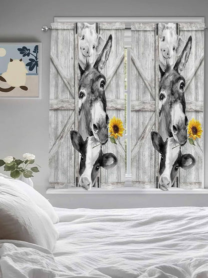 Grey Farmhouse Bedroom Curtains 63 Inches Length, Vintage Sunflowers Animals Printed Window Treatment Curtain Drapes, Rod Pocket Curtain Panels for Living Room Kitchen, 42"x63", 2 Panels