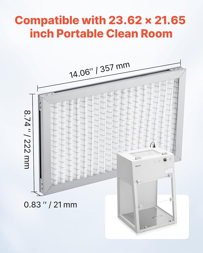 VEVOR Lab Fume Hood Filter, 14.06 x 8.74 x 0.83 in, 5 Pieces Replacement Prefilters for 23.62 x 21.65 in Portable Clean Room to Capture Particles Sized 3-10μm, Non-Woven Filter and Aluminum Frame