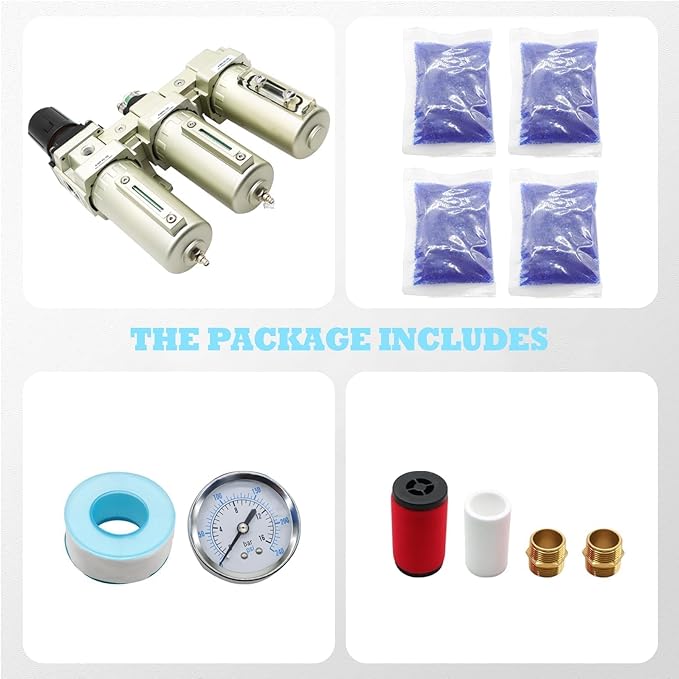 1/2" NPT Industrial Grade 3 Stage Drying System Filter, Coalescing Filter, Desiccant Dryer, Auto Drain, Compatible with Paint Spray, Plasma Cutter (1/2" NPT)