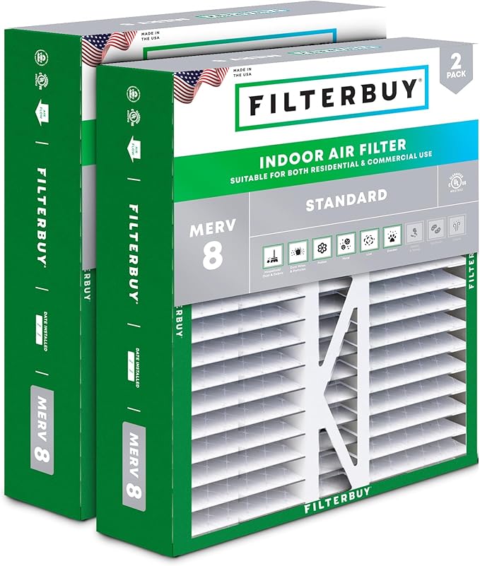 Filterbuy 16x22x5 Air Filter MERV 8 Essential Dust & Allergy Defense (2-Pack), Pleated HVAC AC Furnace Filters for Amana, Coleman, Goodman, York, and More (Actual Size: 15.38 x 21.88 x 5.25)
