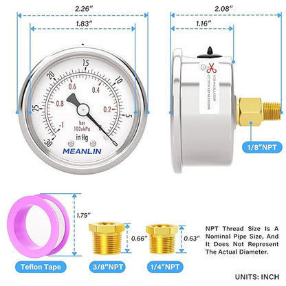 MEANLIN MEASURE -30inHG~0Psi Vacuum Gauge Stainless Steel 1/8" NPT 2" FACE DIAL Waterproof for Air Compressor HVAC Negative Pressure Hand Pump Pool Back Mount with 1/4" NPT and 3/8" NPT Hex Bushing