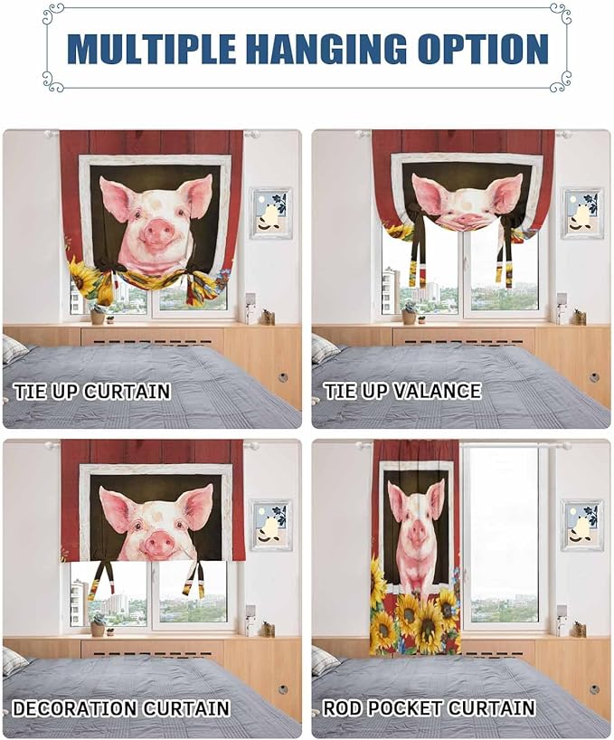 Tie Up Curtains for Windows, Pigs Sunflowers Adjustable Balloon Nature Linen Textured Kitchen Curtain, Farmhouse Red Barn Flowers Animals Blackout Curtains for Living Room, 46 x 63 Inches