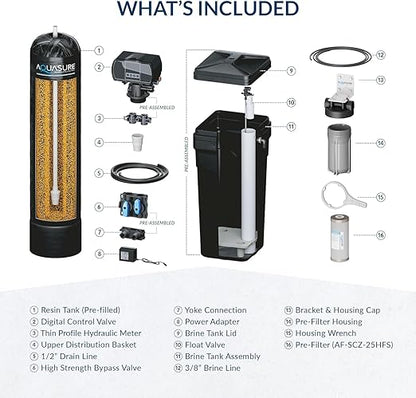 Aquasure Harmony Series 32,000 Grains Whole House Water Softener Bundle with Automatic Digital Metered Control Head and Triple Purpose Sediment/GAC/Zinc Pre-Filters, Reduces Hardness (1-2 bathrooms)