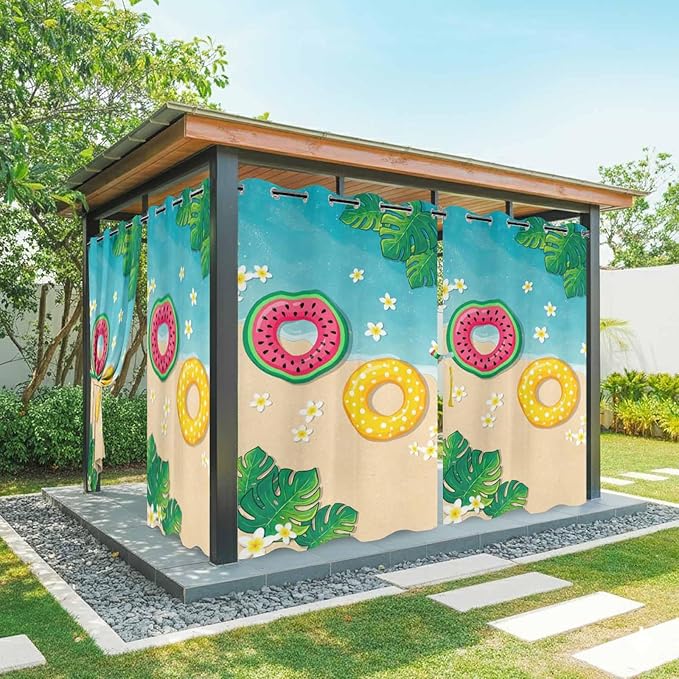 Summer Outdoor Curtains for Patio Plumeria Swimming Circles Ocean Beach Waterproof Outside Curtains with Grommet Top Weatherproof Curtain for Cabana Pergola Gazebo, 2 Pack, 54" W x 108" L